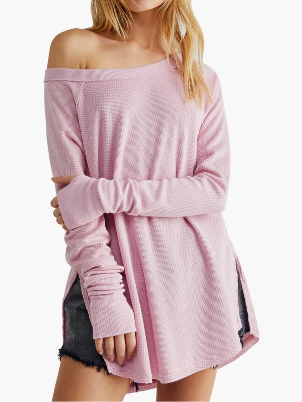 FREE PEOPLE SNOWY THERMAL TUNIC TOP MINK TINK PINK